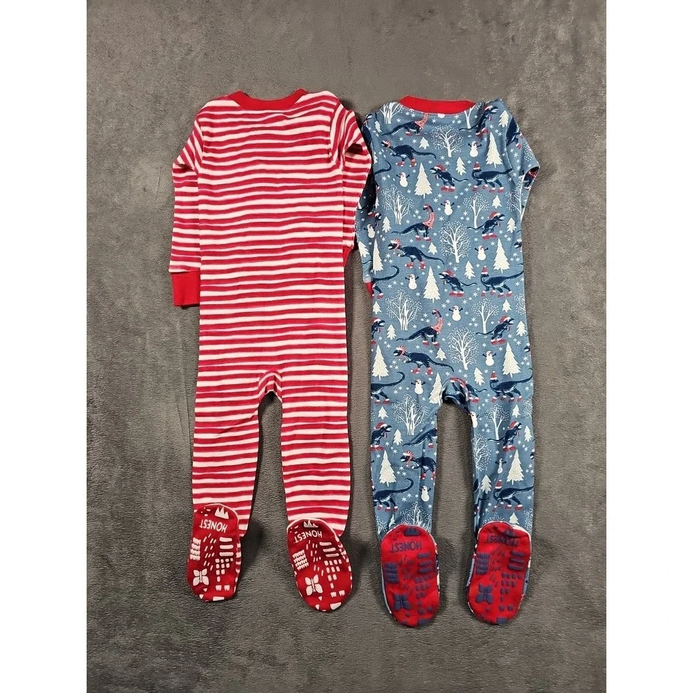 Honest Kids Organic Cotton Footed Pajamas 12M Set of 2‎ Christmas PJs Red White